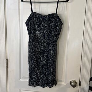 Navy Blue mini dress with silver flower lace overlay